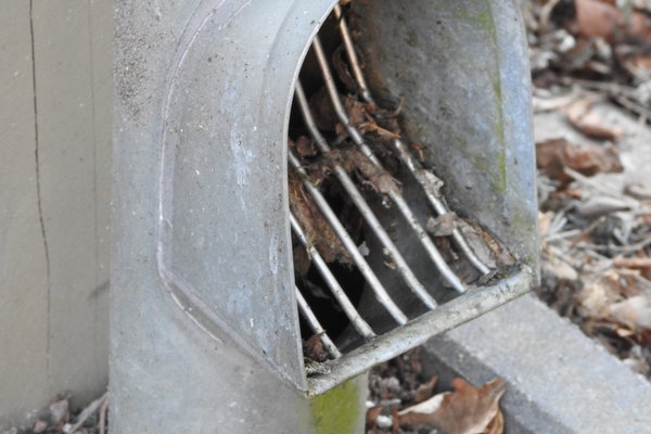 zinken bladvanger in de afvoerbuis van de schuur 